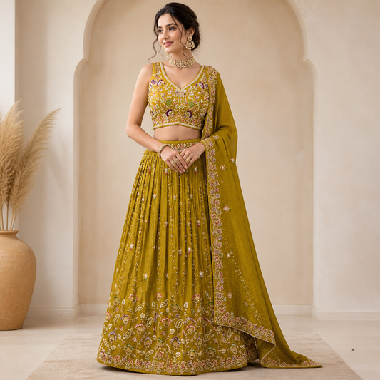 Mustard Yellow Embroidered Lehenga Choli Set with Dupatta