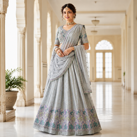 Elegant Grey Embroidered Lehenga Choli Set with Dupatta