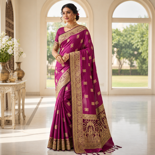 Royal Magenta Silk Saree with Gold Zari Border