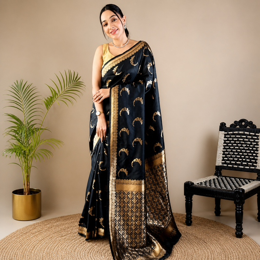 Elegant Black Silk Saree with Gold Zari Border