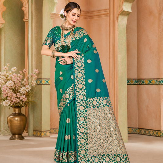 Elegant Green Silk Saree with Gold Floral Zari Work
