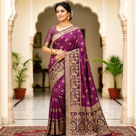 Royal Purple Silk Saree with Gold Zari Border