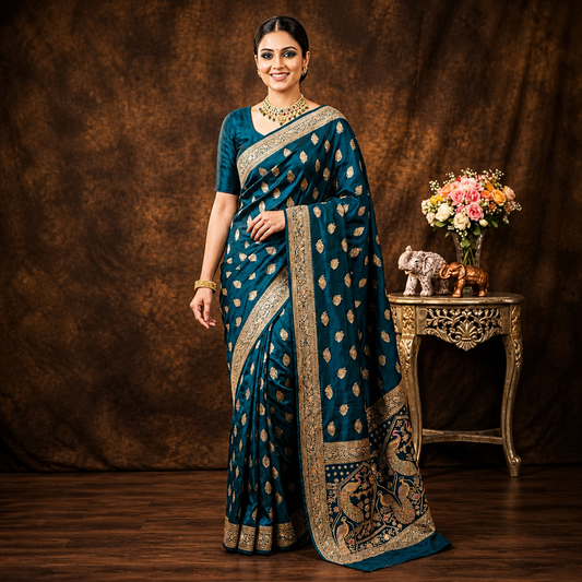 Elegant Teal Blue Silk Saree with Gold Zari Work