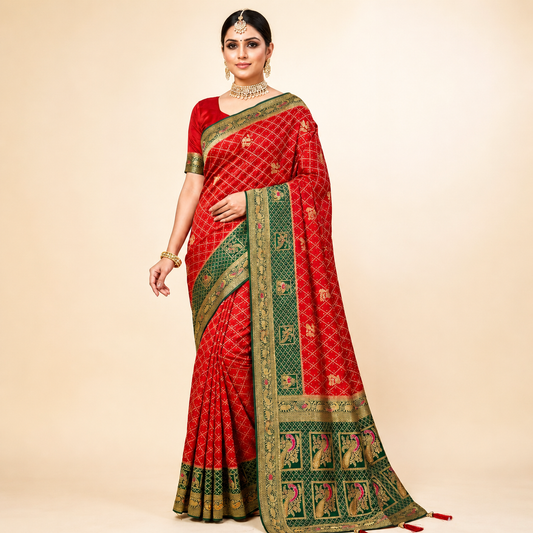 Royal Red Silk Saree with Green Border